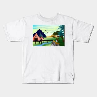 Colorful panoramic eco landscape with small house placed in secluded valley land with mountains and blue sky Kids T-Shirt